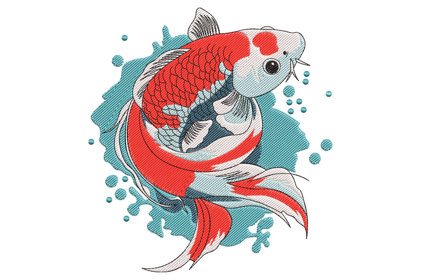 Colourful koi fish embroidery design mid-leap in orange, red and navy with sky-blue splash droplets fanning beneath the body.