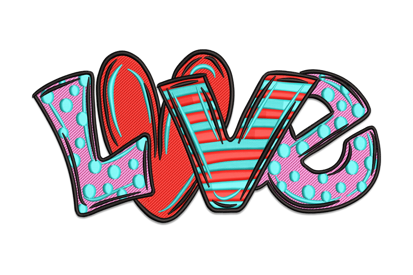 Colorful LOVE word embroidery design with graffiti-style letters in pink, aqua, red and black fill patterns
