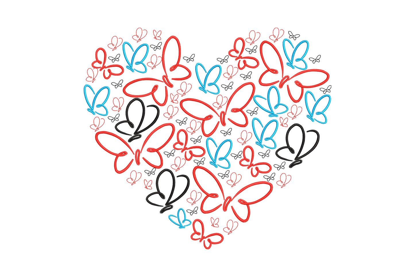 Heart shape packed with open-outline butterflies in red, blue and black, colorful valentine machine embroidery design