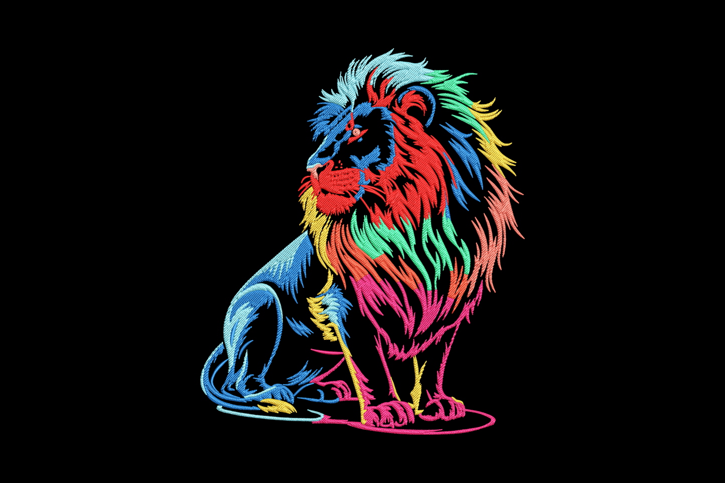 Colourful lion sitting embroidery design with rainbow mane in cobalt blue, magenta, coral and mint green flat colour zones, cartoon style.