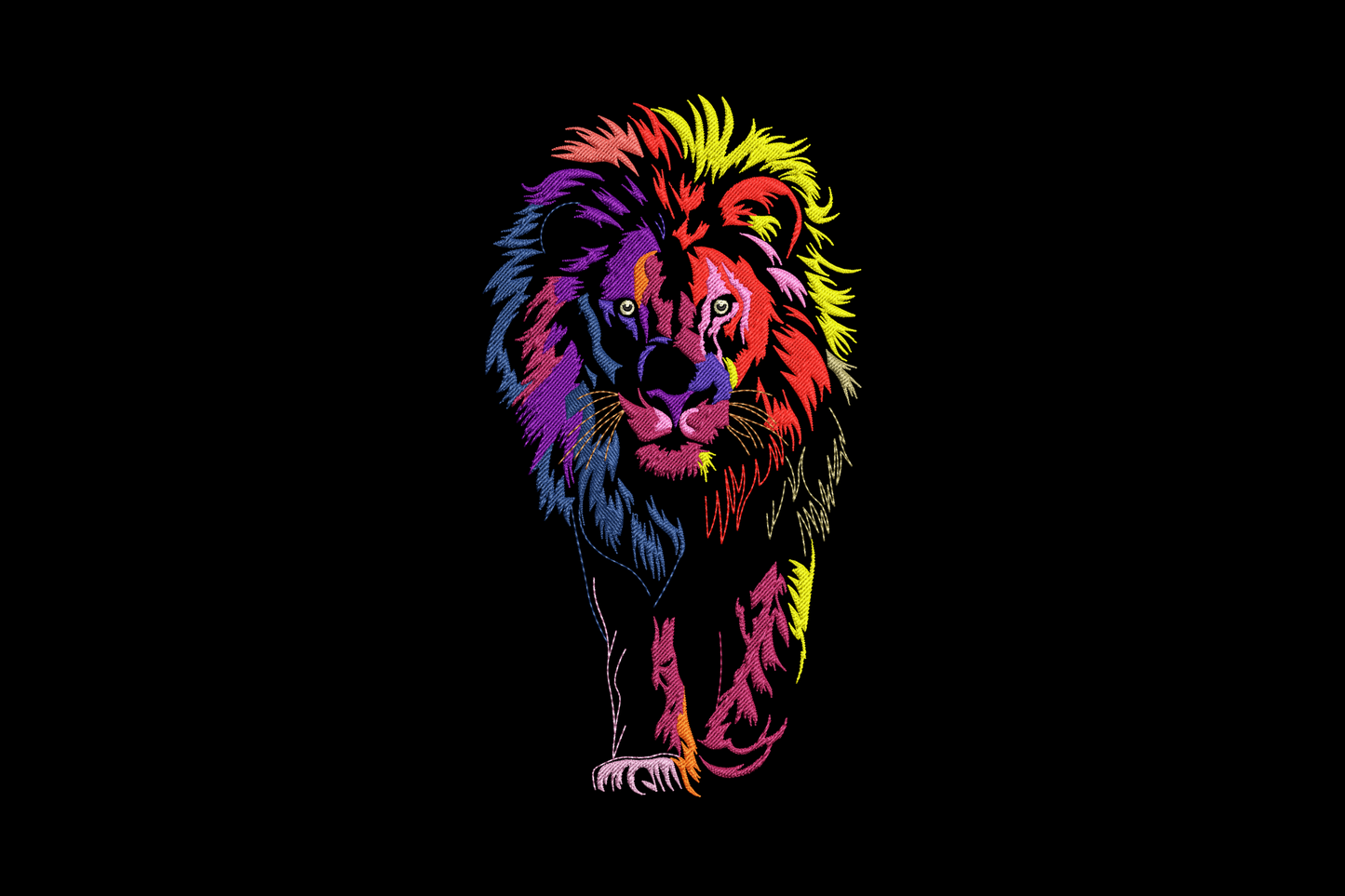 Colorful lion head embroidery design showing a full lion walking forward in neon pop-art colours, electric yellow and lime mane, purple and blue face, on black.