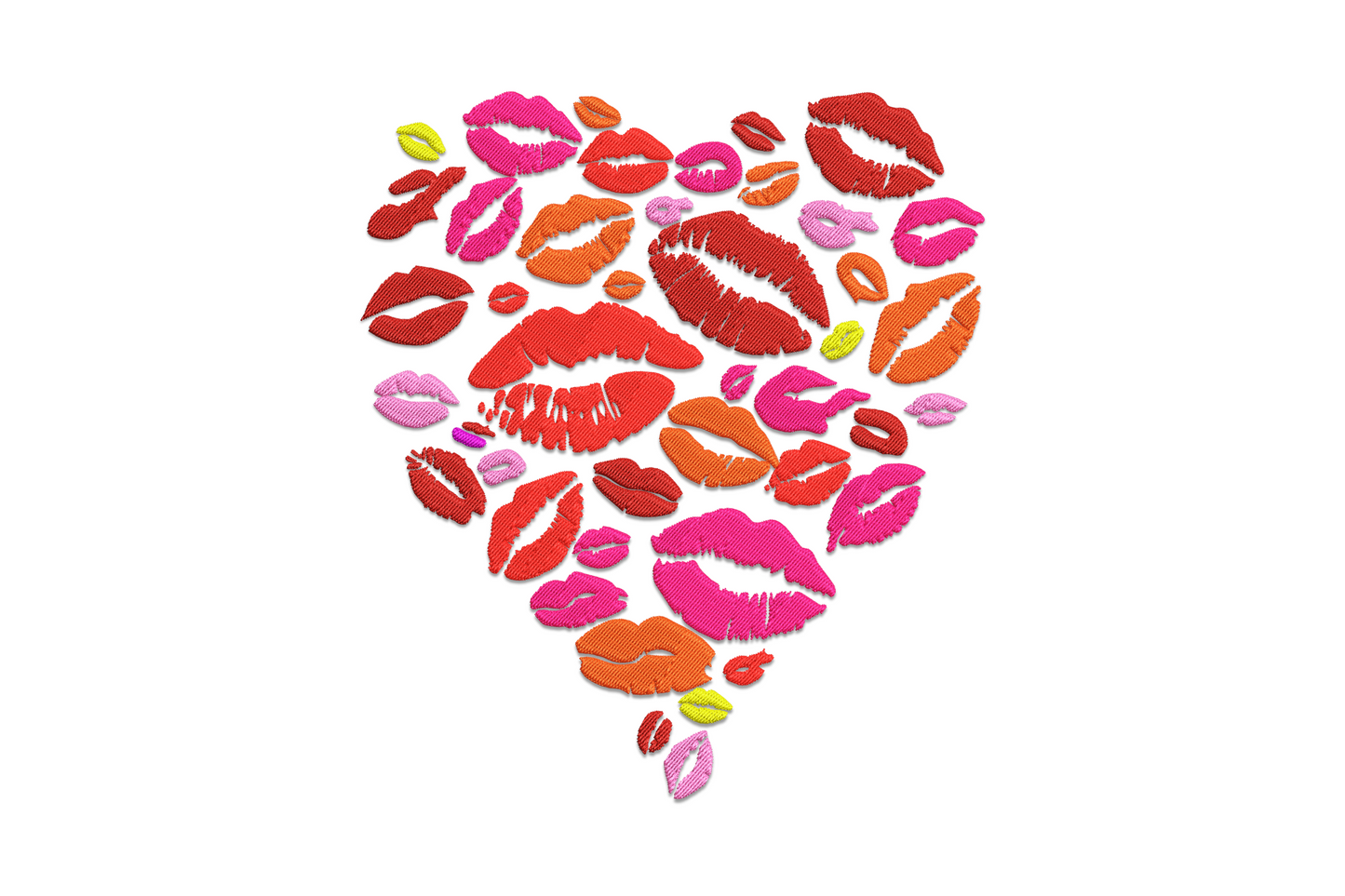 Heart shape built from multicolour lip kiss prints in hot pink, red, orange, magenta and lilac, 7-colour valentines embroidery
