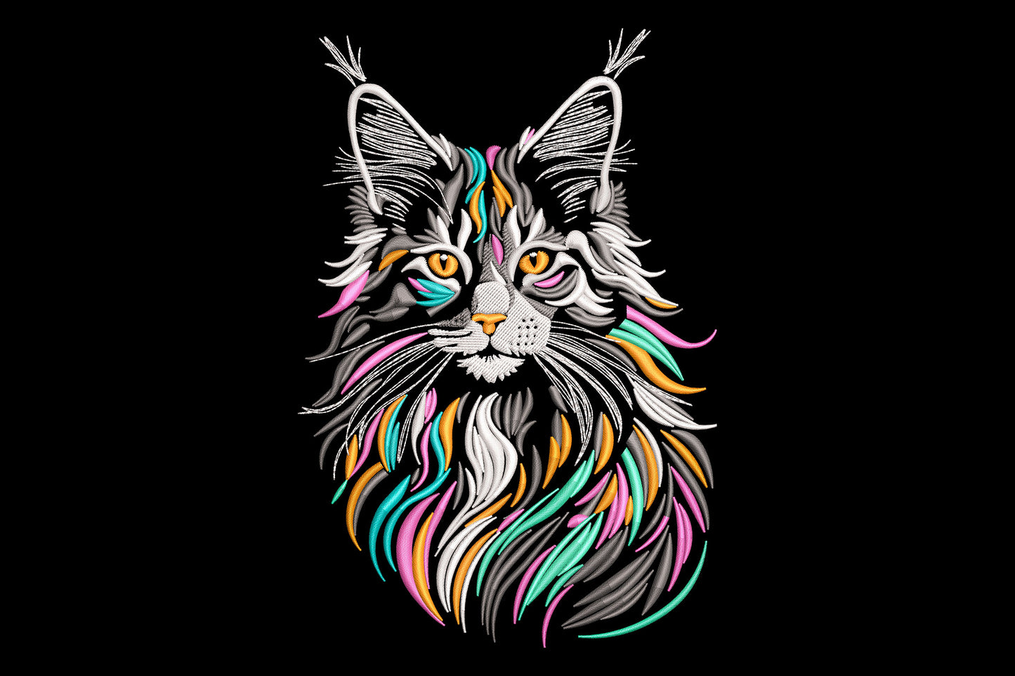 Colorful lynx cat embroidery design with grey face and long flowing fur streaks in hot pink, aqua teal and tangerine orange.