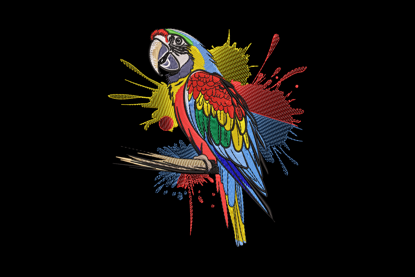 Colorful macaw parrot embroidery design, scarlet red body with blue wing feathers and yellow patches, 14 colours, detailed realistic tropical bird portrait