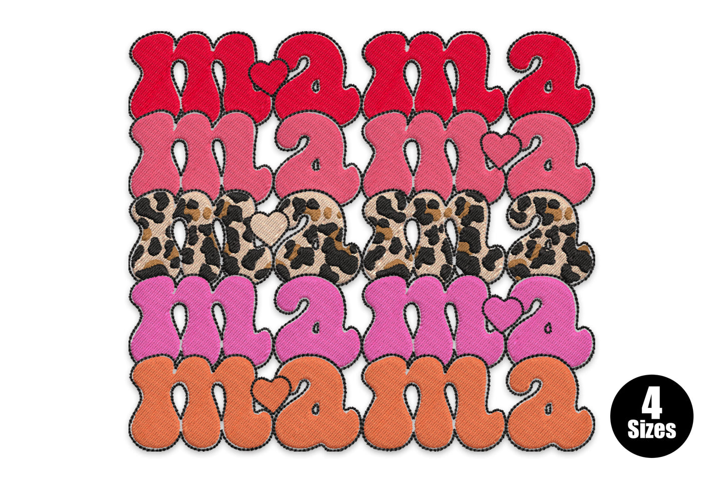 Colorful mama embroidery design with five stacked rows of retro bubble-font MAMA text in red, hot pink, leopard print, magenta and terracotta orange.