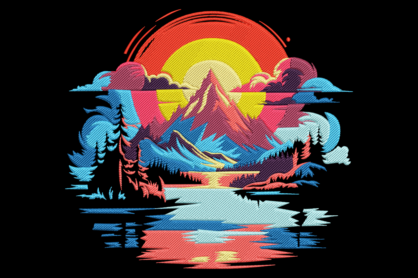 Embroidery of a colourful mountain sunset landscape with red and yellow sun, layered peaks, pine forest, lake reflection.
