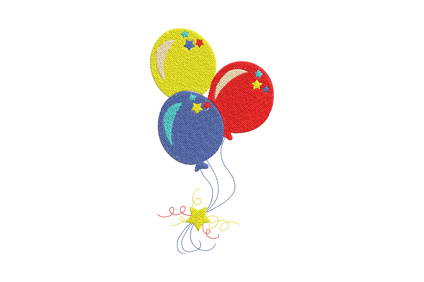 Colorful party balloons embroidery design with five round balloons in rainbow colours and dangling strings, machine embroidery instant download.