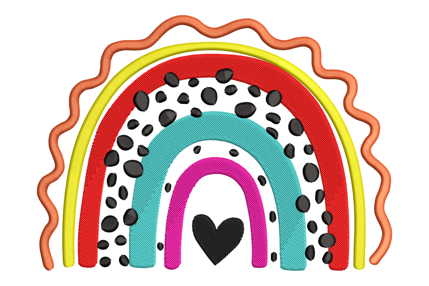 Colorful boho rainbow embroidery with 6 arcs, dalmatian dots on red and teal, wavy orange outline, small black heart at base.