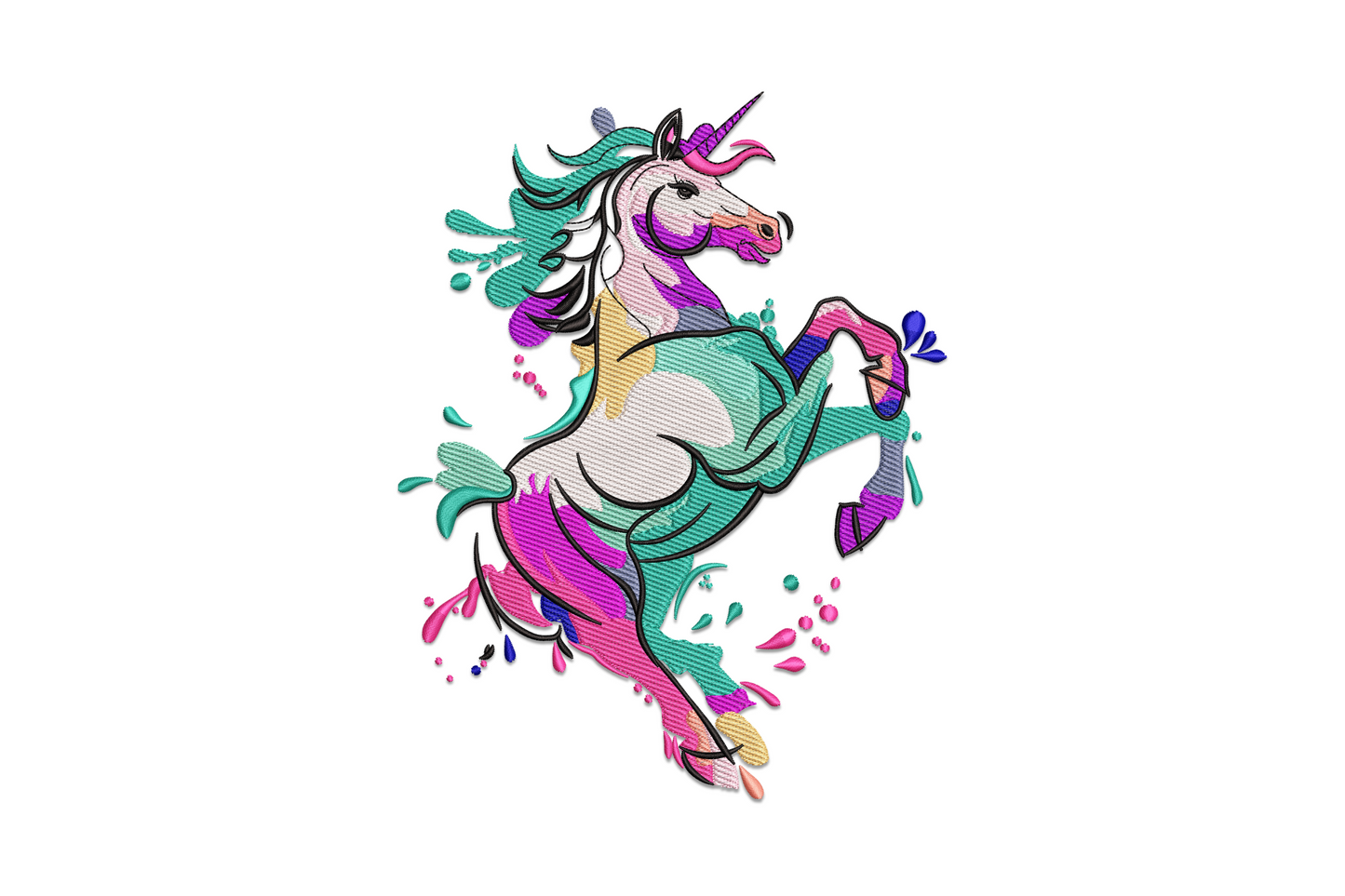 Colorful rearing unicorn machine embroidery design with rainbow mane in pink lavender blue and gold horn on white body