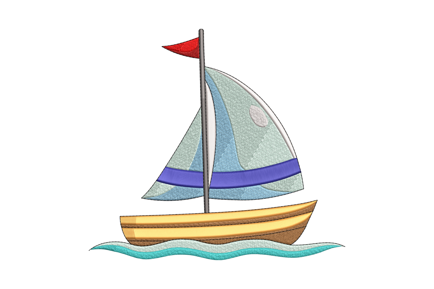 Colorful sailboat embroidery design, blue sails, yellow hull, teal waves, 11 colours, 5 sizes up to 6.8 by 7.5 inches, kids nursery