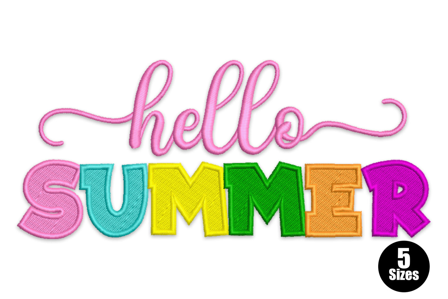 Hello Summer embroidery design with pink cursive hello script above rainbow block caps spelling SUMMER in six colours.