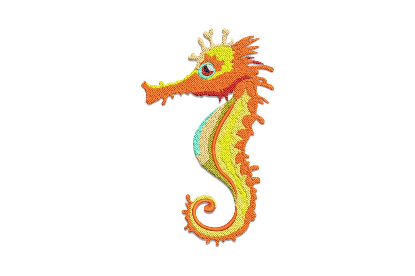 Colorful seahorse embroidery design in orange, yellow and teal gradient with gold crown dorsal spines and a jewel-like eye, facing right.