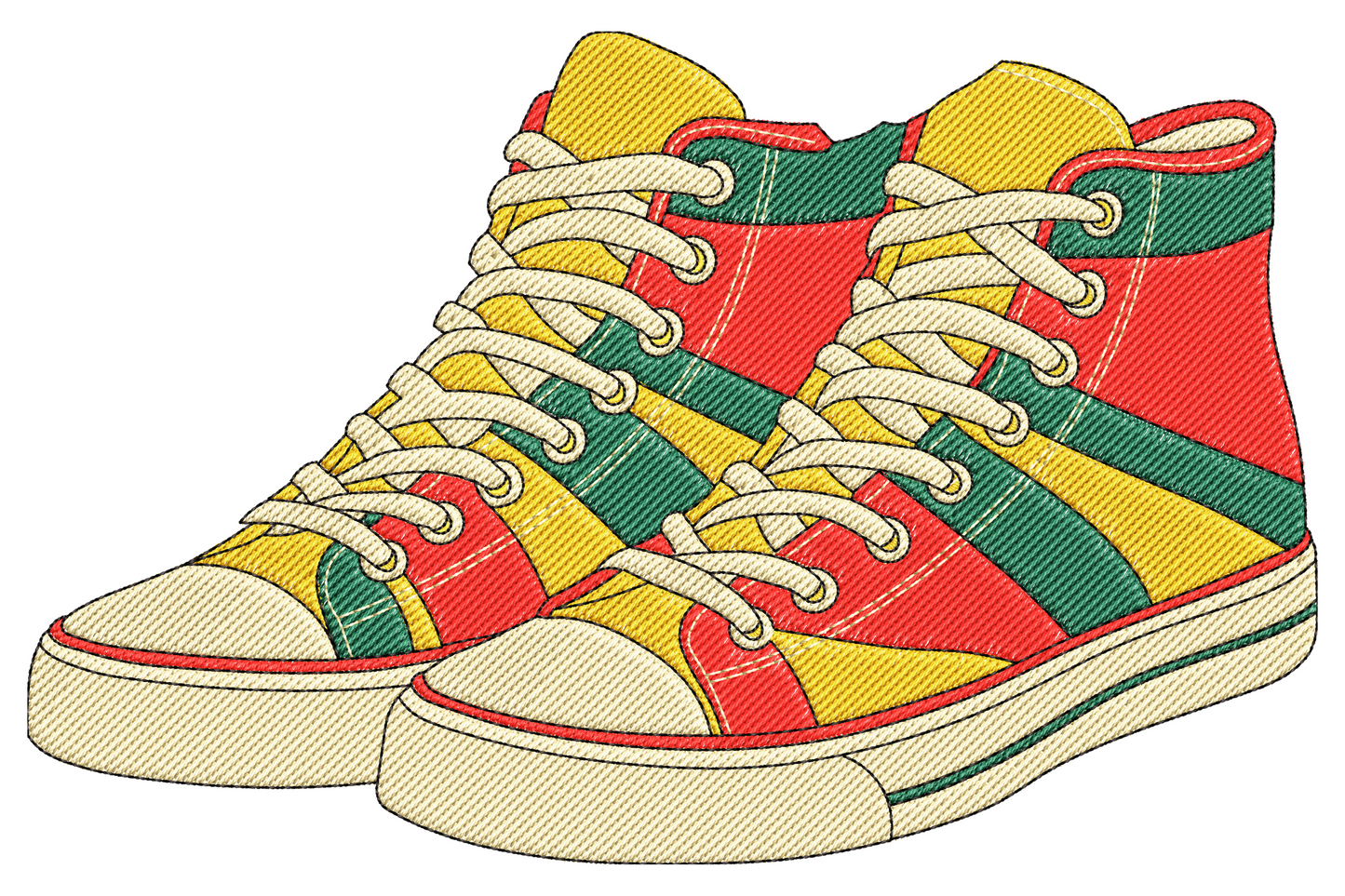 Colorful sneakers embroidery design, side-profile low-top trainer with bold upper panels, chunky rubber sole, lace detail in 5 colors on white background.