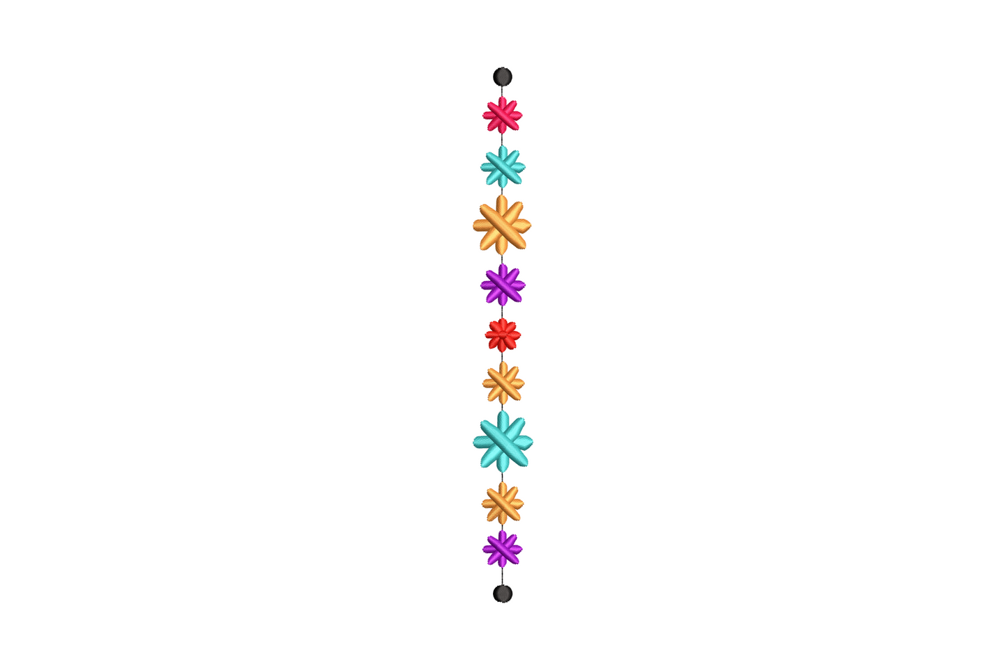 Colorful snowflake vertical border embroidery in icy blue, teal and lavender, six evenly spaced crystal snowflakes in a row.