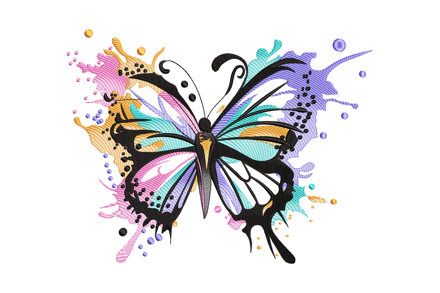 Colorful splash butterfly embroidery, painterly watercolor-style wing fills in 5 vivid colours, bold nature butterfly design