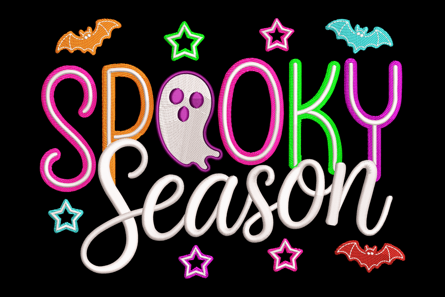 Colorful Spooky Season text embroidery design with rainbow letters ghost letter O white Season script and multicoloured bats and stars