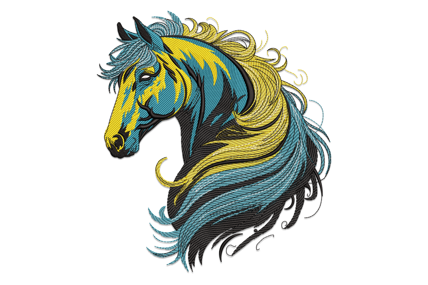 Colorful stallion mane art embroidery, teal body, golden-yellow face, cream curling mane, black outline, graphic art style.