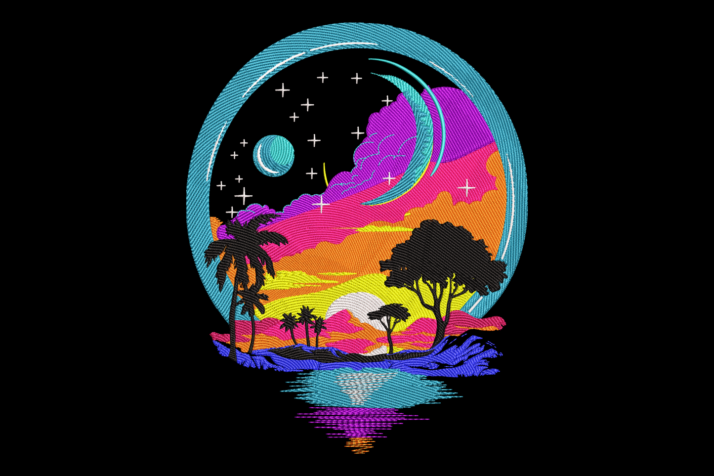 Neon sunset embroidery in a circular teal border with palm silhouettes, crescent moon and magenta sky over blue water on black.