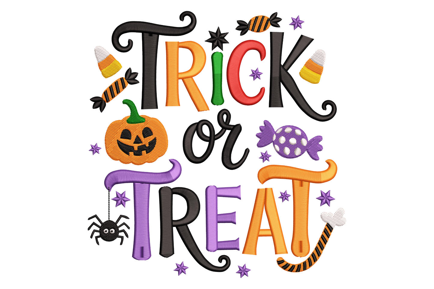 Colorful trick or treat halloween embroidery design, multi-colour illustrated composition with candy and pumpkin elements, 7 colours, 3.38 by 3.5 inches, kids halloween machine embroidery.