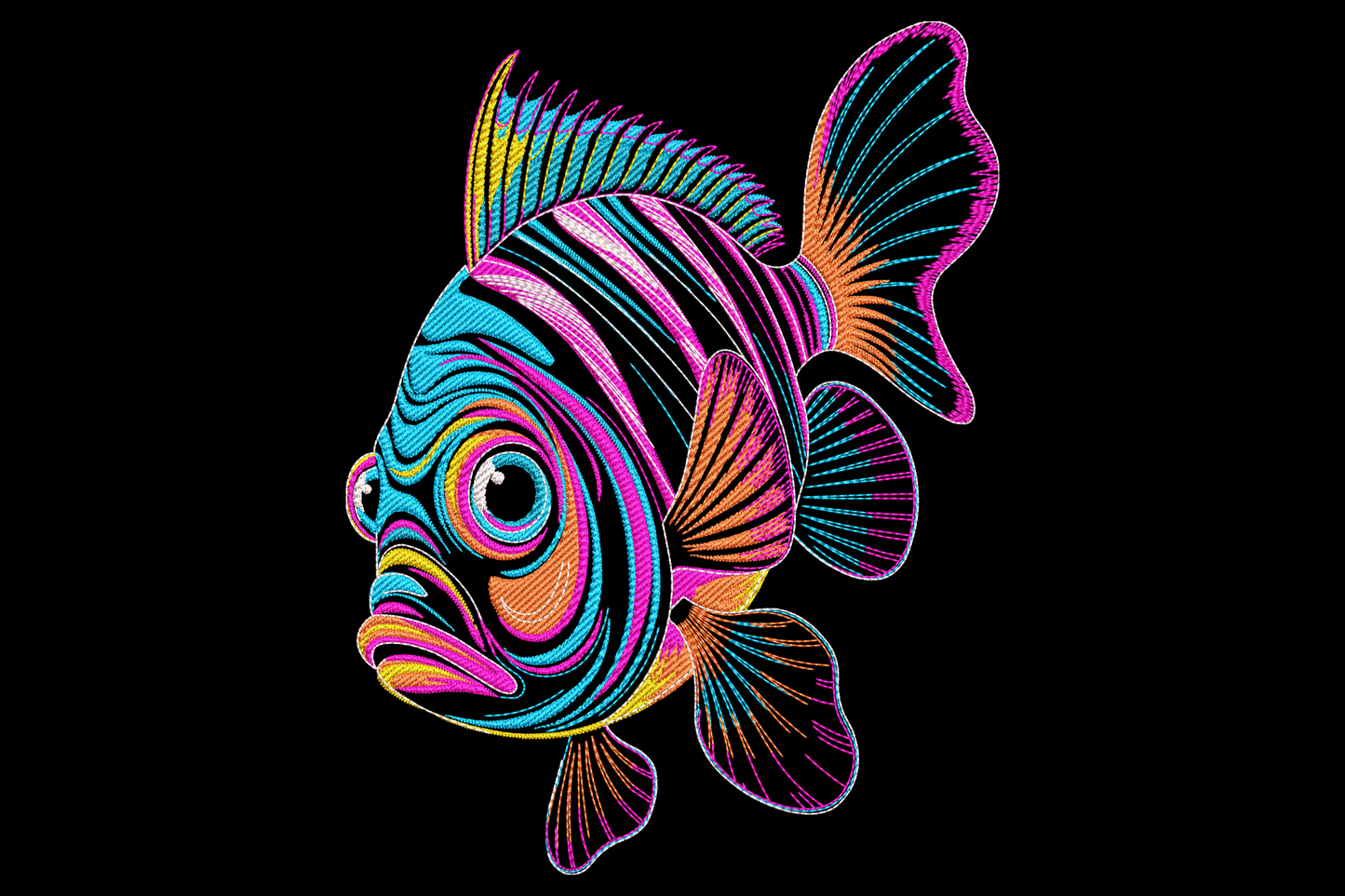 Colorful tropical reef fish embroidery with bold orange and white stripes, blue directional satin fins and black eye ring.