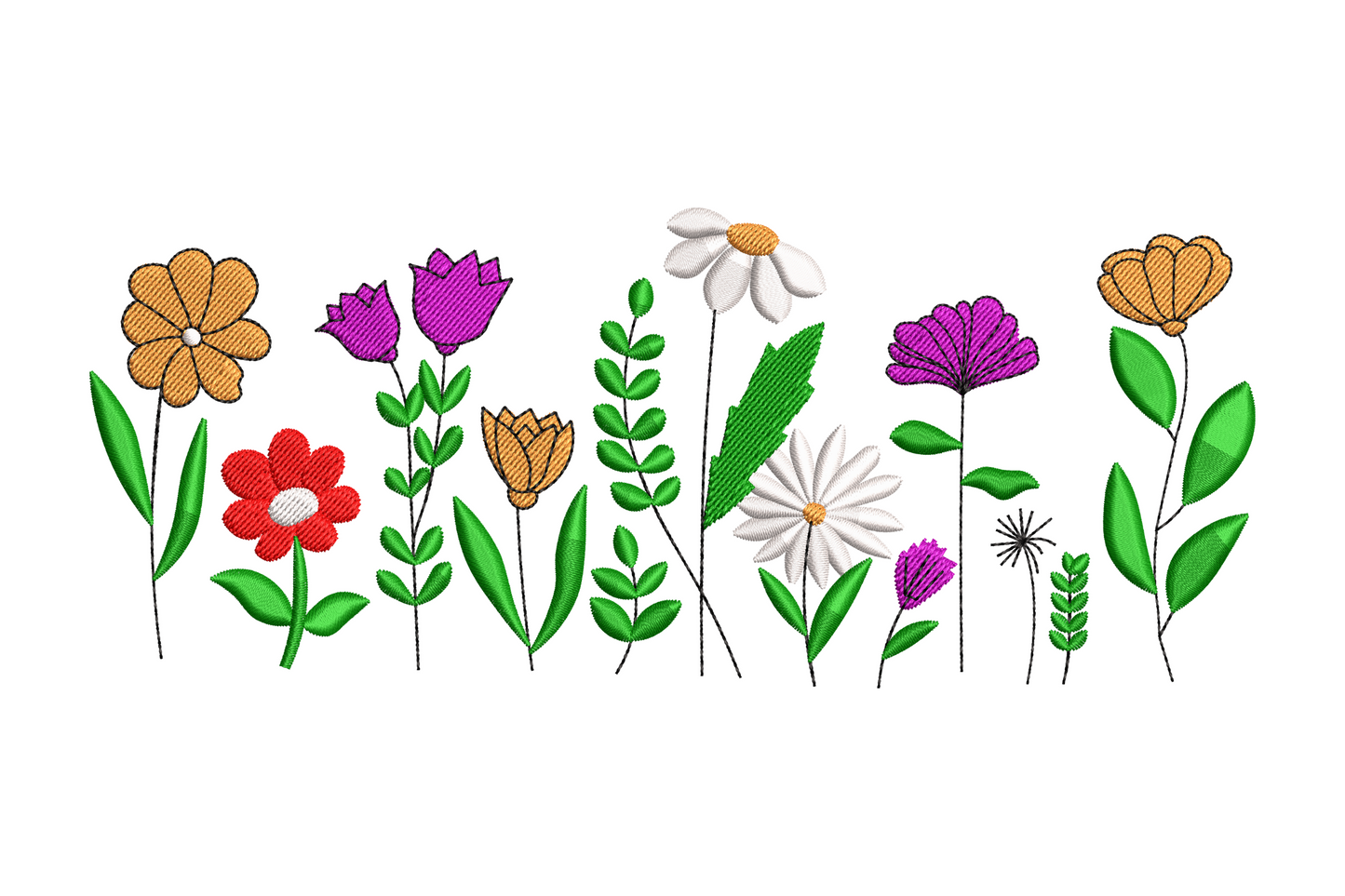 Colorful wildflower border embroidery design with magenta tulips, orange daisies, and red blooms in a horizontal strip.
