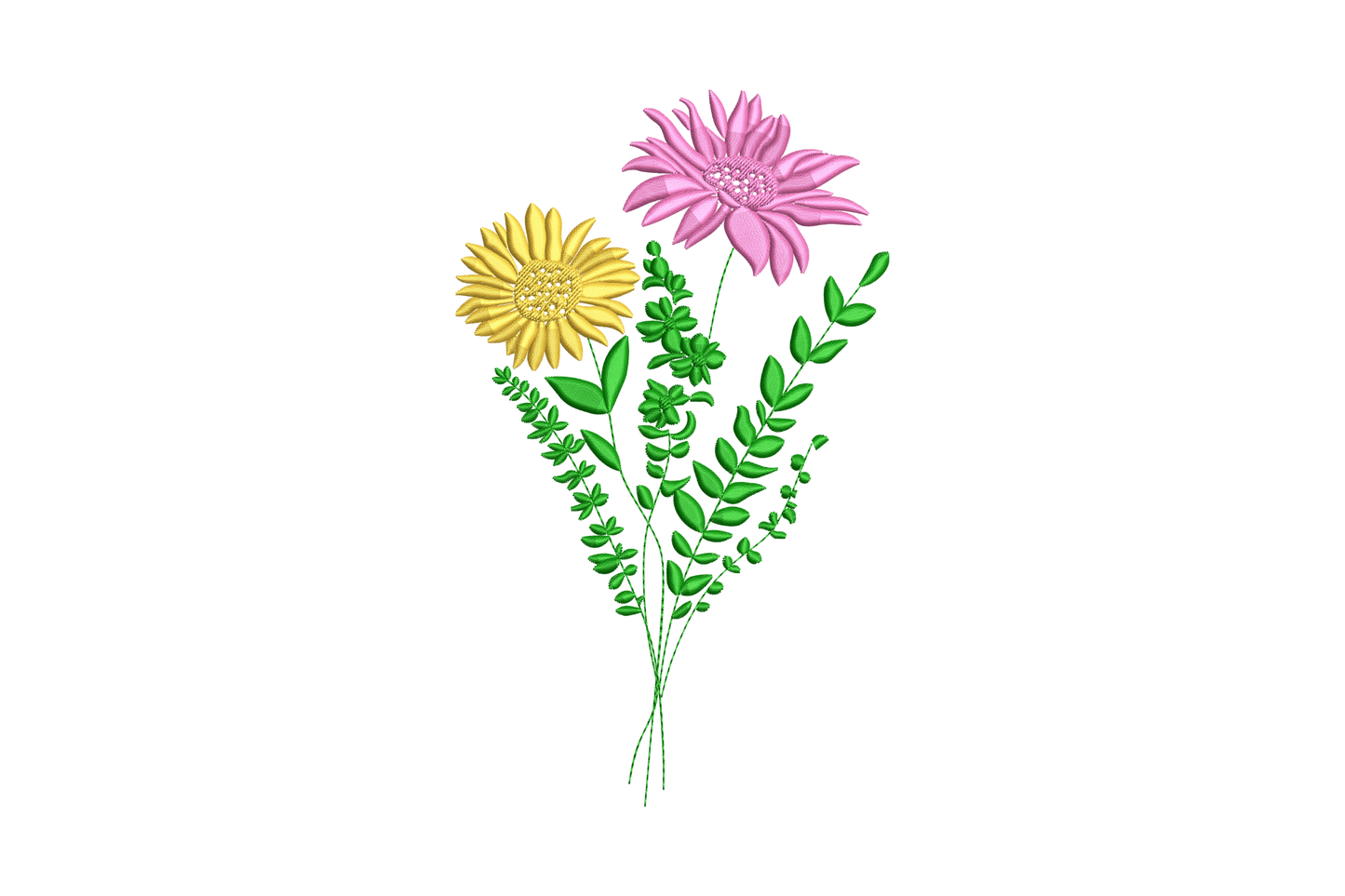 Colorful wildflower bouquet embroidery design with yellow sunflower, pink gerbera daisy, and green fern, 3 colours, 9443 to 15505 stitches