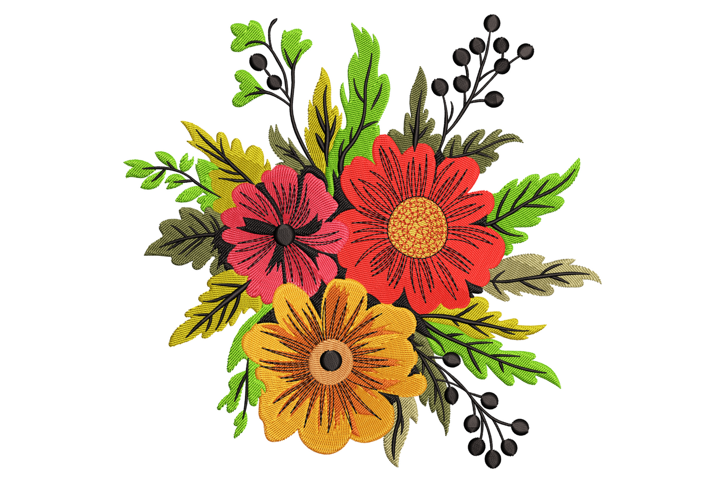 Colorful wildflower bouquet embroidery with red, magenta, and yellow blooms, green leaves and black berry branches on white.