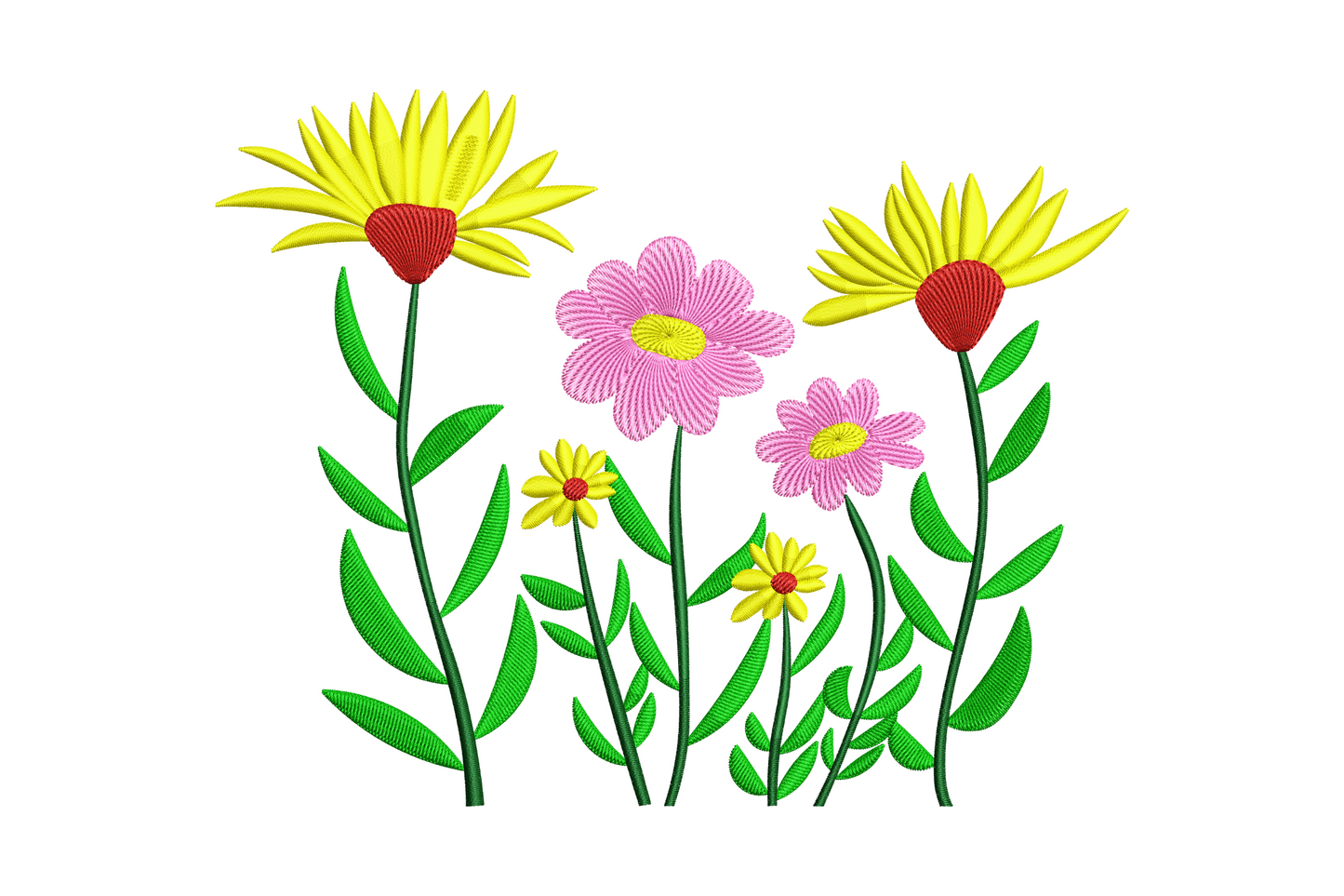 Colorful wildflower garden embroidery design with daisy blooms, coral flowers and sage green stems spread across a wide horizontal scene