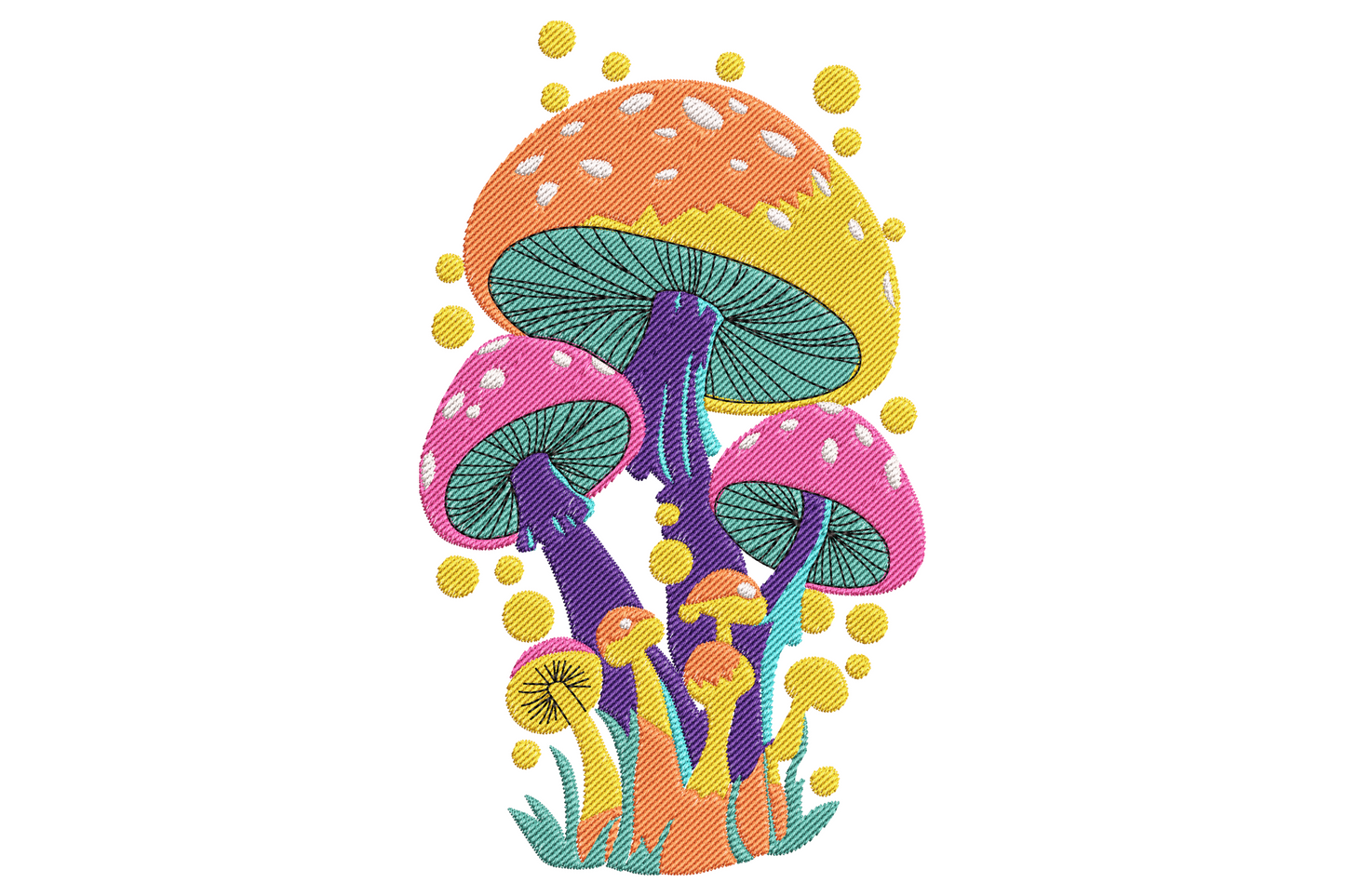 Machine embroidery design of a cartoon mushroom with scarlet domed cap, cream polka dot spots and butter yellow stem, 8 colours, woodland storybook style