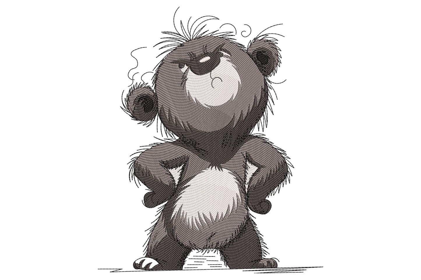 Sketch embroidery of a confident standing baby bear with paws on hips, soft grey shading and pencil-line ink art.