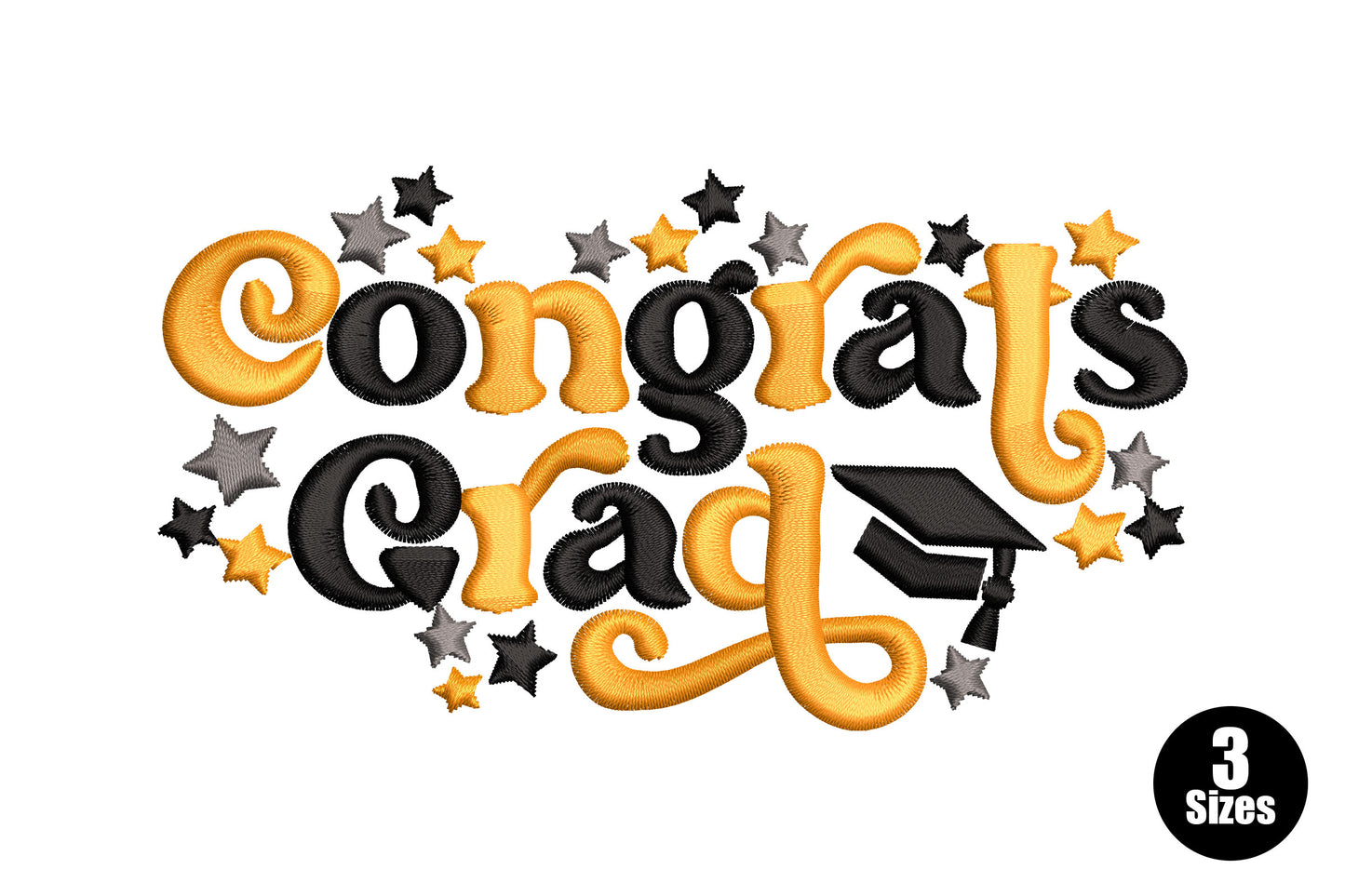 Congrats Grad graduation embroidery design with bold alternating orange and black lettering, scattered stars in gold and grey and a small graduation cap.