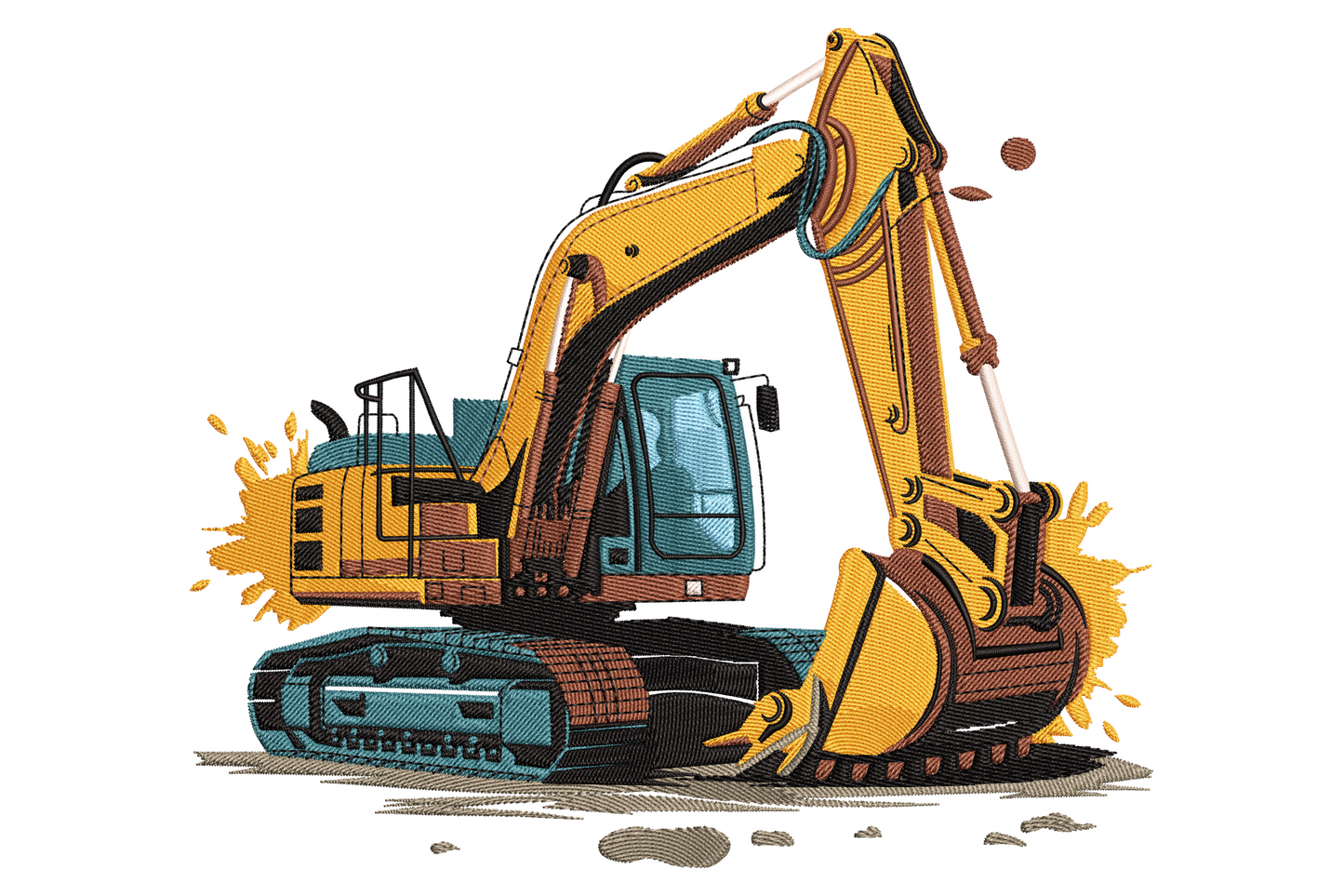Construction excavator embroidery design in amber yellow and teal, raised boom arm with dirt flying, comic-book cross-hatch style, 9 sizes.