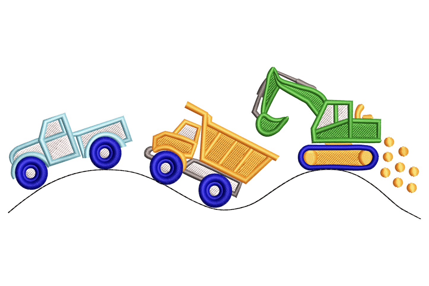 Construction trucks embroidery with light blue pickup, yellow dump truck and green excavator on a wavy black hill line