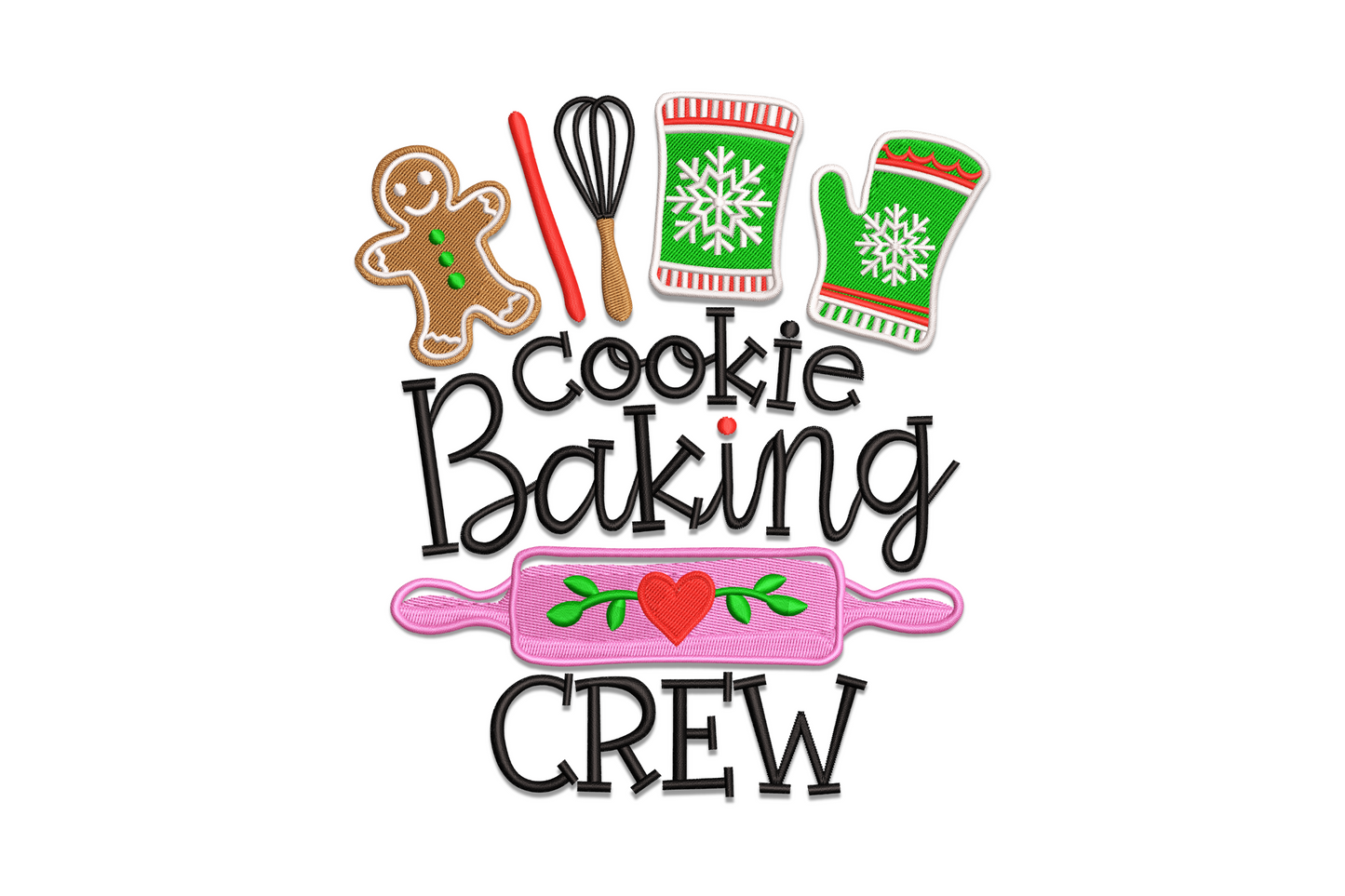 Christmas cookie baking crew embroidery design featuring rolling pin, mixing bowl, cookie cutters and star cookies in red, green and golden yellow.