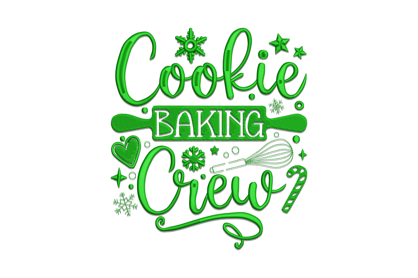 Cookie Baking Crew embroidery design in dark green with rolling pin, whisk, candy cane, snowflakes and script lettering