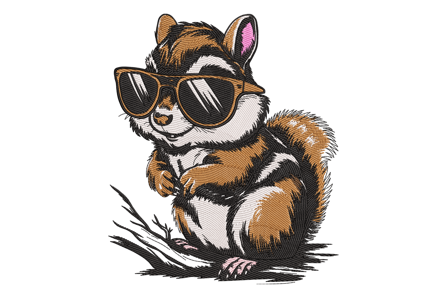 Machine embroidery chipmunk in oversized sunglasses sitting in grass, 6 colors, brown tan white pink and black