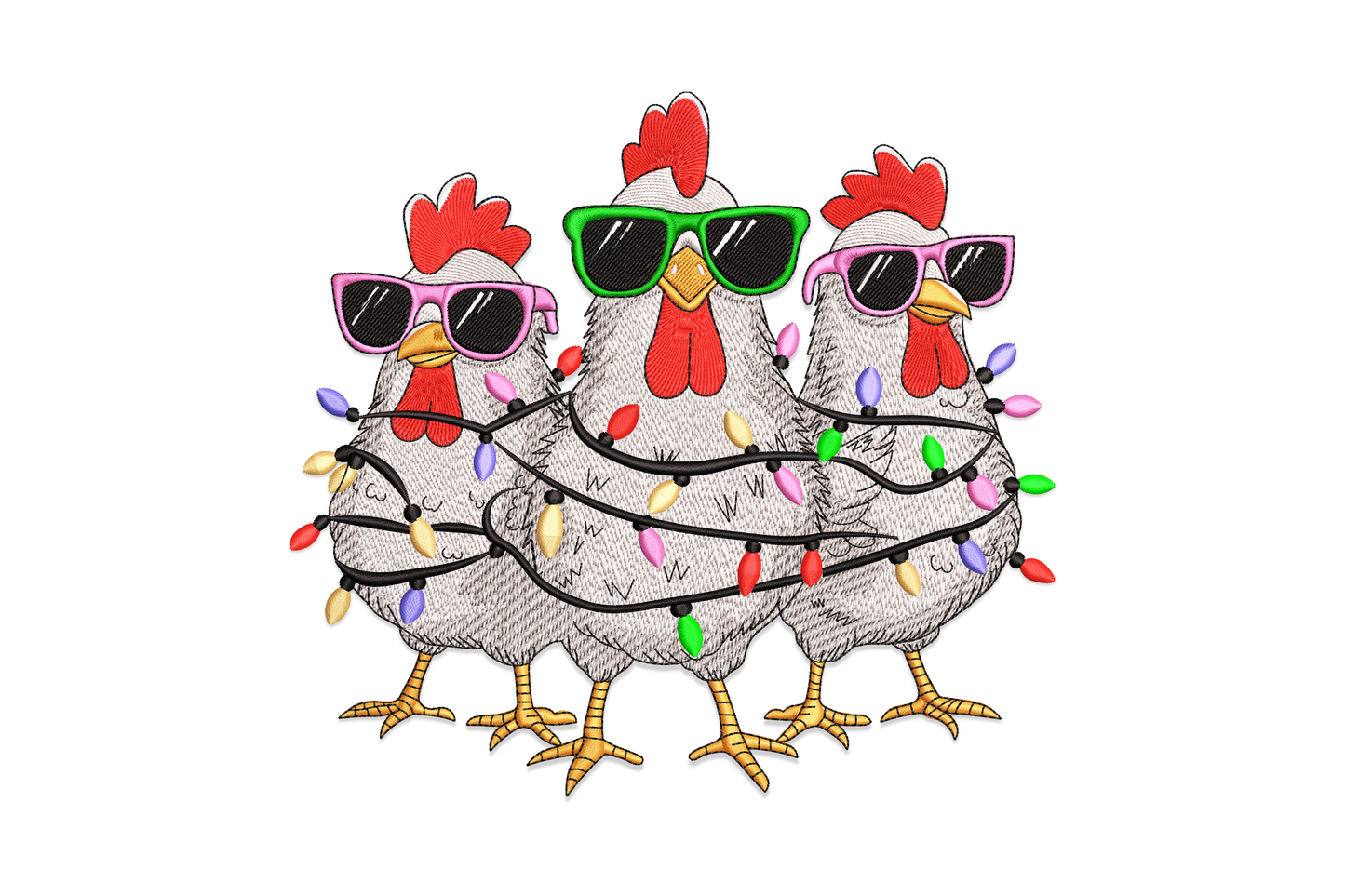 Cool Christmas chickens embroidery design with two cartoon butter yellow chickens wearing scarlet santa hats and black sunglasses, stitched in 10 colours on yellow kids tee fabric.