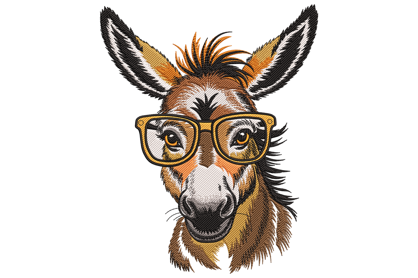 Cool donkey face embroidery with oversized orange square glasses, wide ears, detailed brown fur texture and crosshatch muzzle shading.