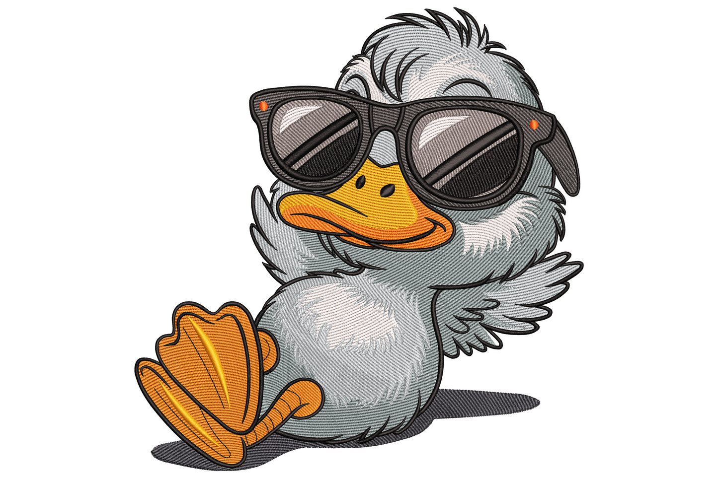 Cute fluffy grey and white cartoon duck wearing oversized black wayfarer sunglasses with bright orange beak and webbed feet.