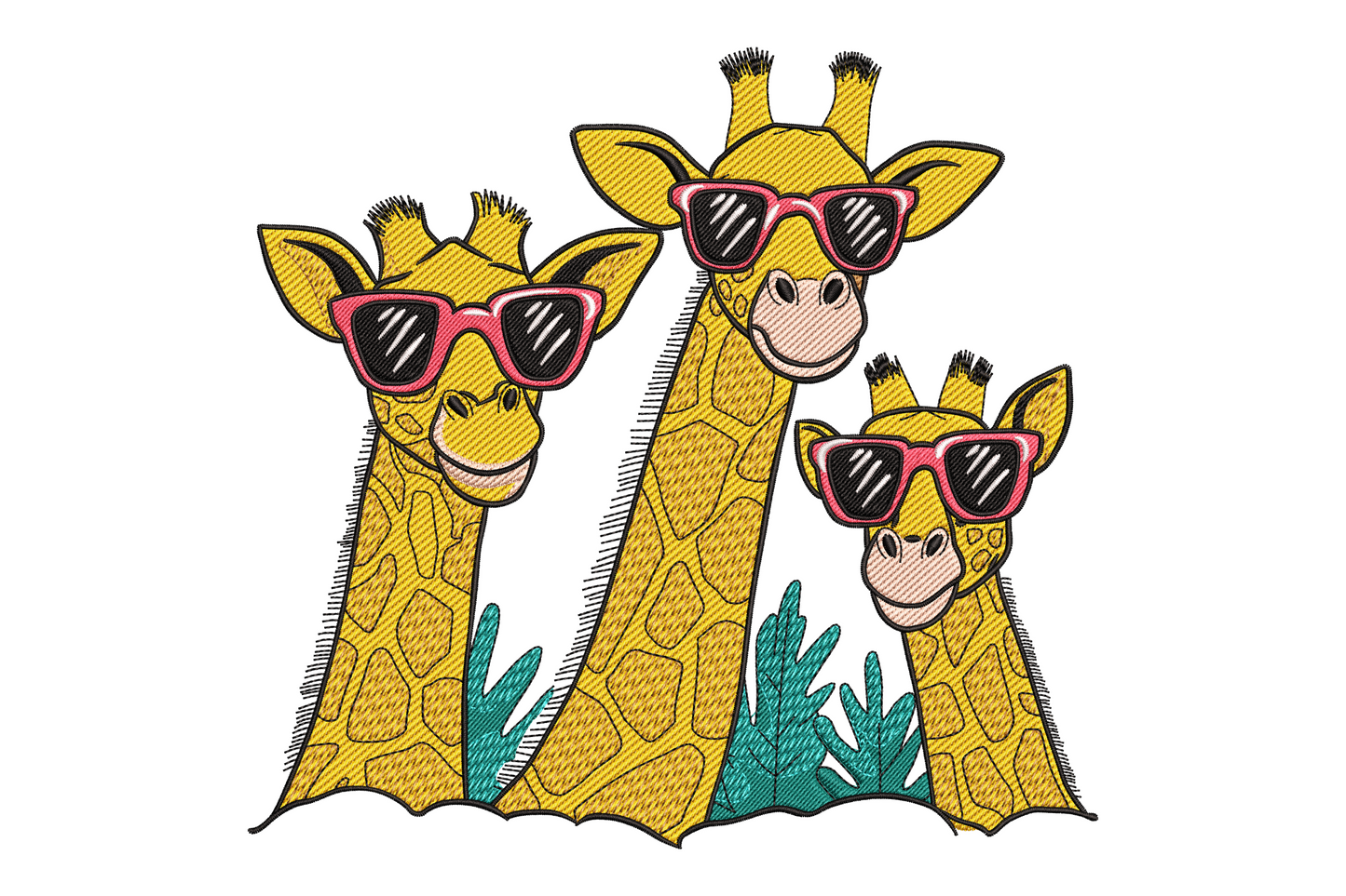 Cool giraffe family embroidery, three giraffes with pink sunglasses, golden amber spots and teal foliage.