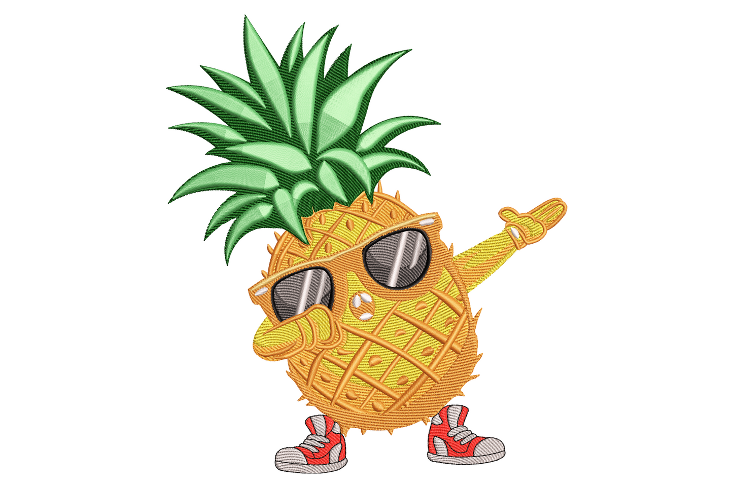 Yellow cartoon pineapple in a dabbing pose with green spiky crown, big black sunglasses and red high-top sneakers.