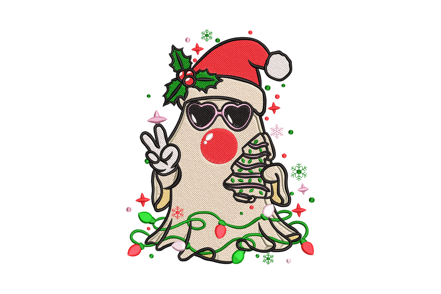 Cool Santa ghost embroidery design, cream ghost in heart sunglasses and Santa hat, holding a mini tree, wrapped in string lights with stars around it.