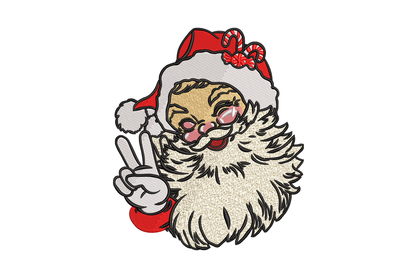 Santa claus face in sunglasses inside a peace sign circle, pop art style christmas embroidery design in 8 colours