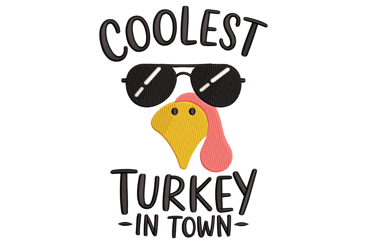Cartoon swaggering turkey with fanned four-colour tail in brown orange and cream, confident pose, thick black outline, 2.53 inch wide machine embroidery design