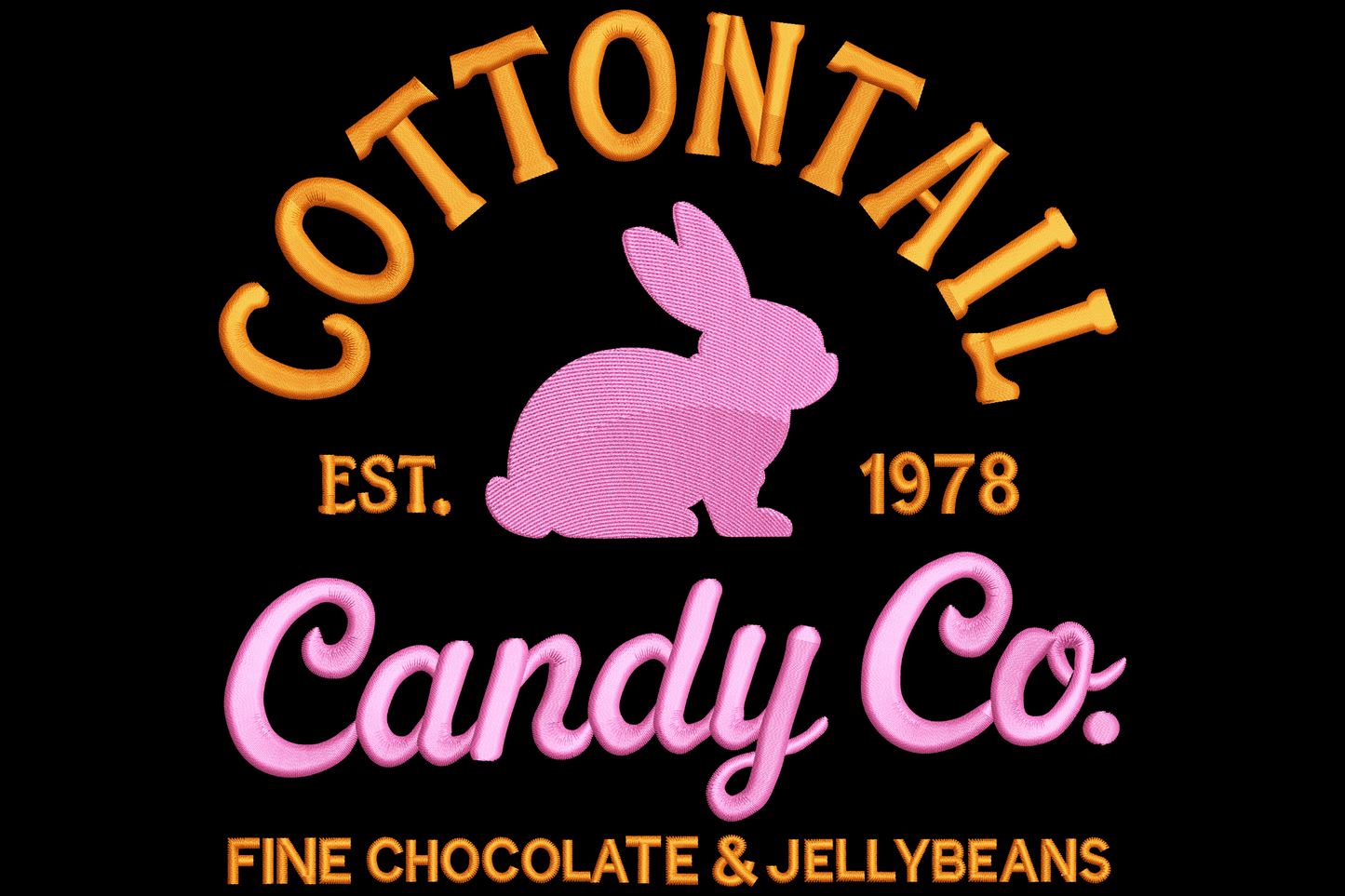 Machine embroidery badge design reading Cottontail Candy Co. with bunny motif in two-colour logo style on cream cotton fabric
