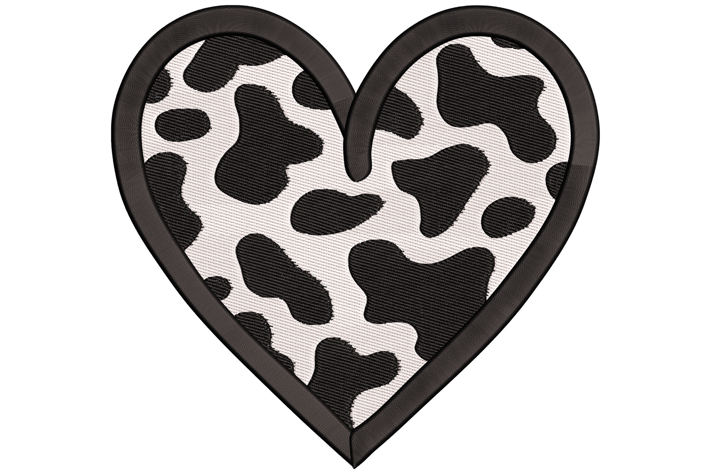Cow print heart embroidery design, bold black and white patches inside a thick-bordered heart shape, clean two-colour graphic.