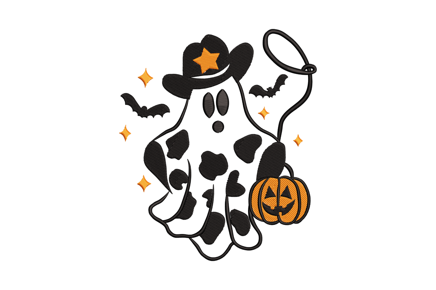 Cartoon cowboy ghost embroidery wearing a western hat and gold sheriff badge with black oval eyes on white fabric.