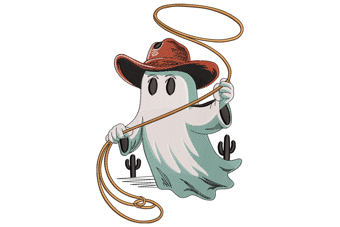 Cowboy ghost embroidery in a wide brown hat, swinging a golden lasso, tiny cacti at base, off-white and mint-teal ghost body.