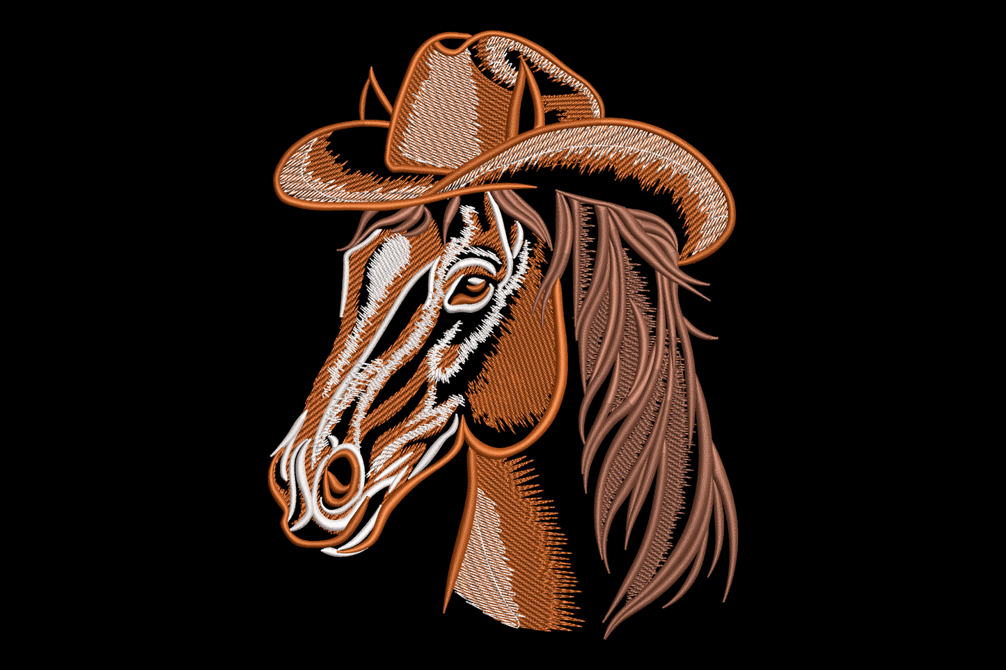 Cowboy horse head embroidery design in profile with western hat, 3 colours, classic country style on neutral background