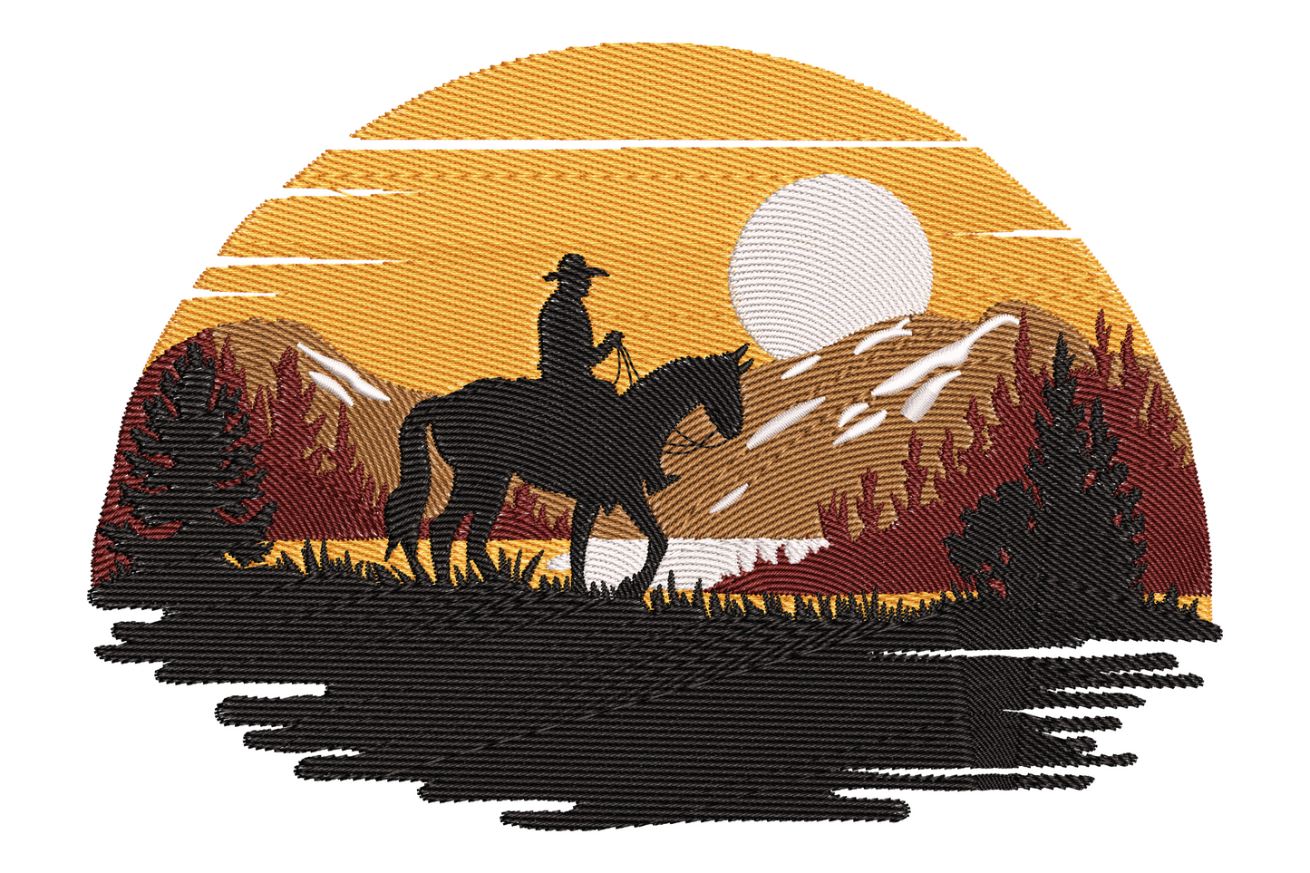 Cowboy horse sunset embroidery design, semicircle badge, orange sky with pine silhouettes and sun disc, five colors.